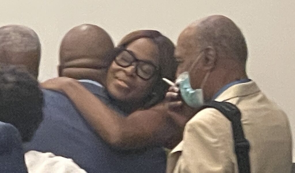 Errin Haines, the newly elected president of the National Association of Black Journalists, receives a hug from a supporter at the Huntington Convention Center, Cleveland, site of the NABJ convention, on Friday, Aug. 8, 2025. Photo credit: Melanie Eversley, Black News & Views