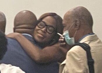 Errin Haines, the newly elected president of the National Association of Black Journalists, receives a hug from a supporter at the Huntington Convention Center, Cleveland, site of the NABJ convention, on Friday, Aug. 8, 2025. Photo credit: Melanie Eversley, Black News & Views