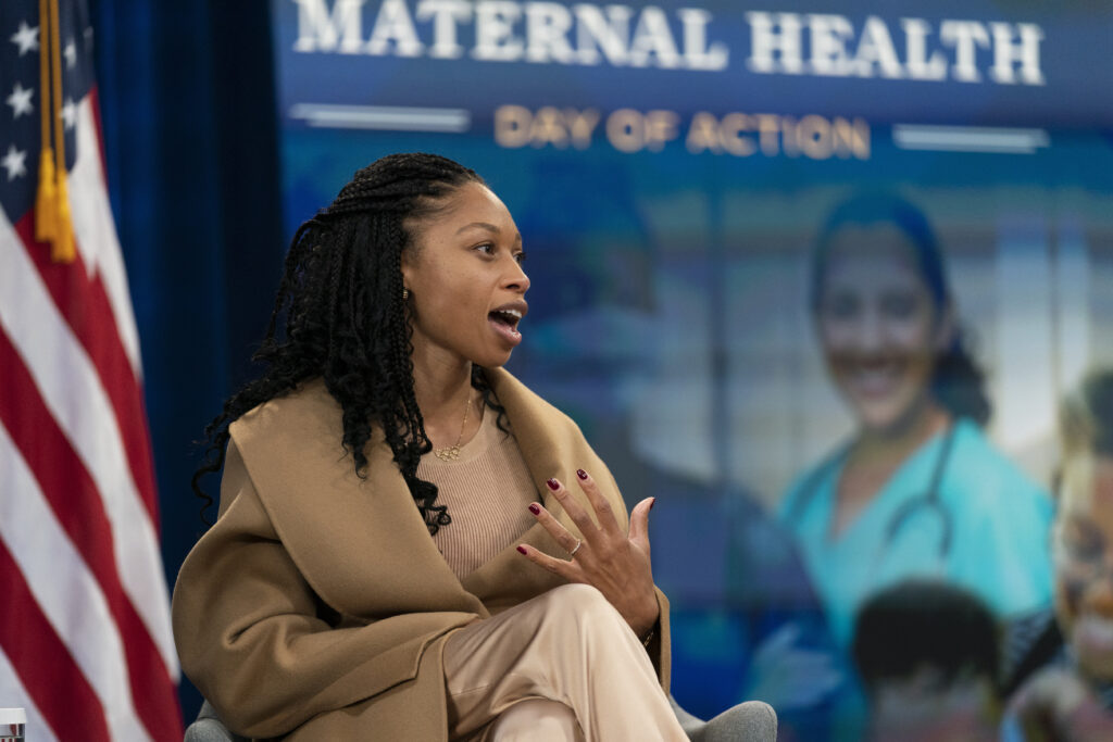 Olympian Allyson Felix participates in a one-on-one discussion about maternal health hosted by then-Vice President Kamala Harris in Washington on Dec. 7, 2021. Photo credit: Manuel Balce Ceneta, The Associated Press