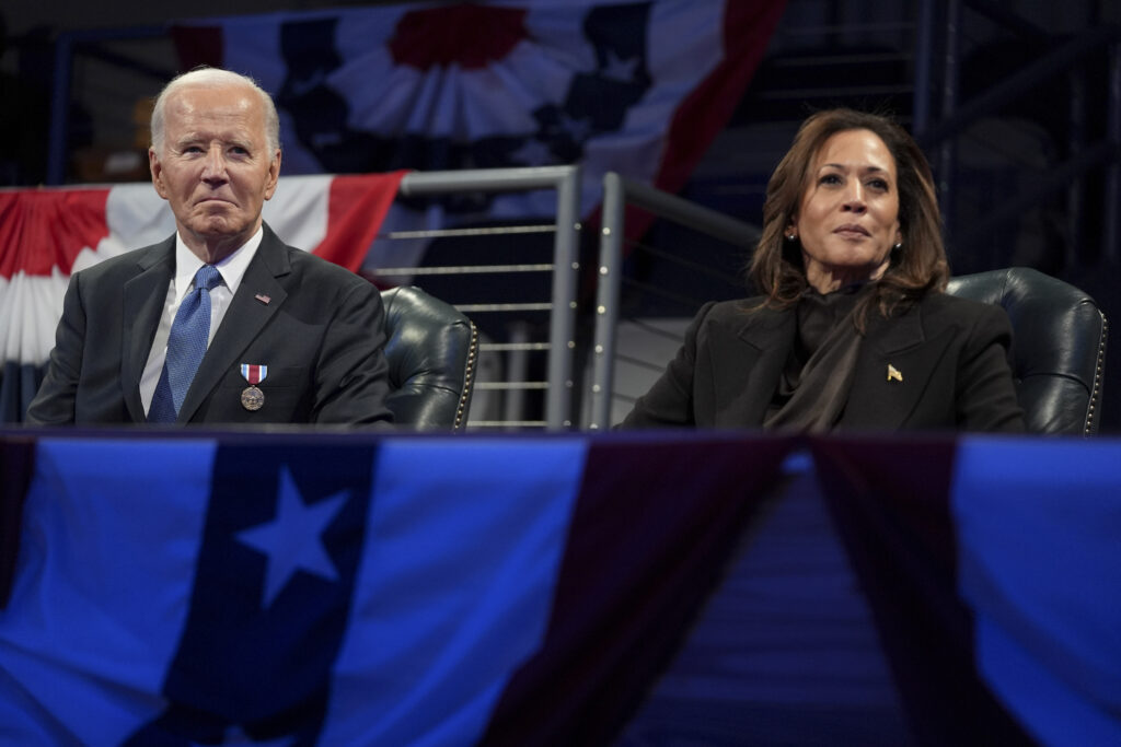 Former Vice President Kamala Harris, right, and former President Joe Biden, left, attend a Department of Defense ceremony on Jan. 16, 2025, in Arlington, Virginia. Photo credit: Evan Vucci, The Associated Press