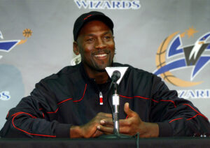 Michael Jordan, then of the Washington Wiards, addresses members of the media on Oct. 1, 2001, for the first time since announcing his return to the NBA, at the MCI Center in Washington. Photo credit: Doug Mills, The Associated Press