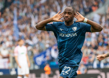 Bochum's Christopher Antwi-Adjei celebrates after scoring the opening goal during the German Bundesliga soccer match between VfL Bochum and FC Augsburg in Bochum, Germany, on May 13, 2023. Photo credit: David Inderlied, dpa via The Associated Press