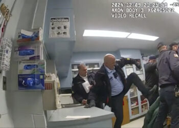 This image provided by the office of the New York State Attorney General shows body camera footage of correction officers beating a handcuffed Robert Brooks at the Marcy Correctional Facility in Oneida County, New York, on Dec. 9, 2024. Photo credit: Office of the New York State Attorney General via The Associated Press