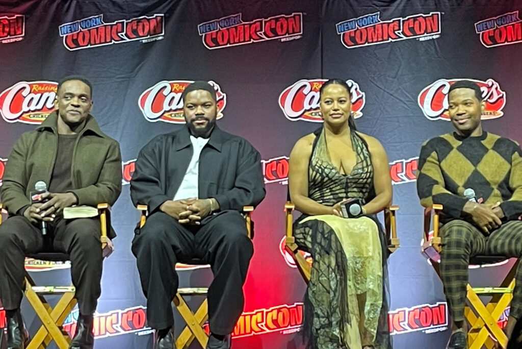 “IT: Welcome to Derry” stars speak at New York Comic Con at the Jacob K. Javits Convention Center in New York City on Oct. 11, 2025. Pictured from left to right: Chris Chalk, Jovan Adepo, Taylour Paige, and Stephen Rider. Photo credit: Carla Hay, Black News & Views