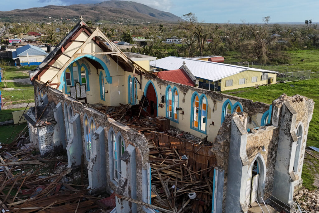 The church of Lacovia Tombstone, Jamaica, sits damaged in the aftermath of Hurricane Melissa on Wednesday, Oct. 29, 2025. Photo credit: Matias Delacroix, The Associated Press