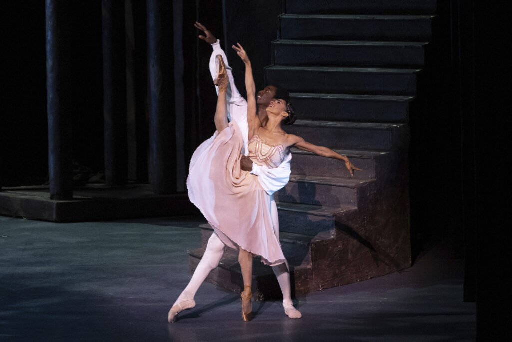 Misty Copeland, right, and Calvin Royal III perform in a duet from "Romeo and Juliet" at Copeland's retirement performance from American Ballet Theatre at the David H. Koch Theater at Lincoln Center on Wednesday, Oct. 22, 2025, in New York. Photo credit: Rosalie O'Connor, The Associated Press