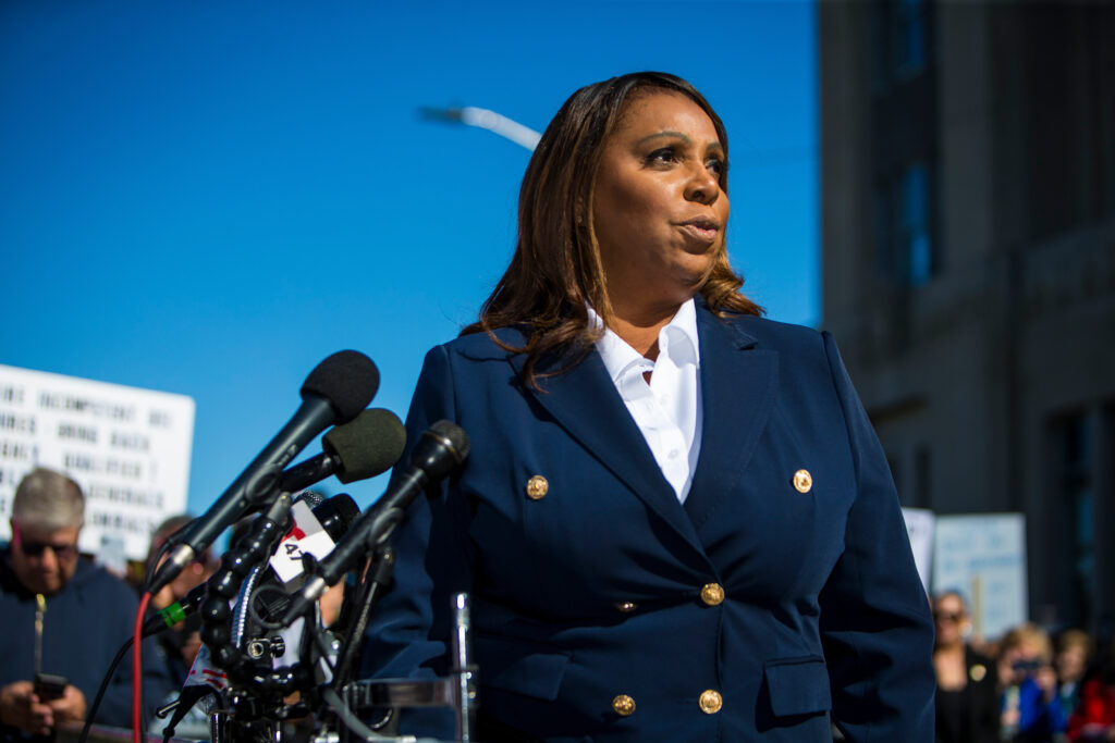 New York Attorney General Letitia James, speaks after pleading not guilty to fraud charges outside the United States District Court on Oct. 24, 2025, in Norfolk, Virginia. Photo credit: John Clark, The Associated Press