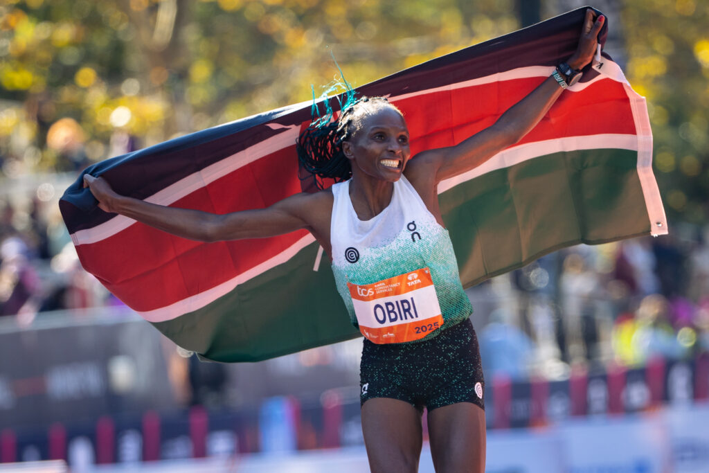 Hellen Obiri celebrates winning first place in the women's elite division of the New York City Marathon, Sunday, Nov. 2, 2025, in New York. Photo credit: Angelina Katsanis, The Associated Press