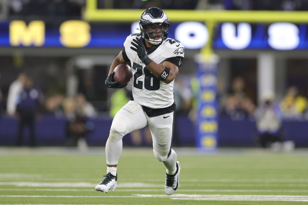 Philadelphia Eagles running back Saquon Barkley (26) runs against the Los Angeles Rams during the second half of an NFL football game in Inglewood, California, on Nov. 24, 2024. Photo credit: Ryan Sun, The Associated Press