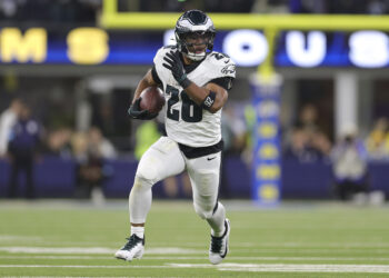Philadelphia Eagles running back Saquon Barkley (26) runs against the Los Angeles Rams during the second half of an NFL football game in Inglewood, California, on Nov. 24, 2024. Photo credit: Ryan Sun, The Associated Press